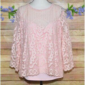 Ali Miles Womens XL Pink Lace Crochet 3/4 Sleeve Boho Blouse Top Lined Cottage